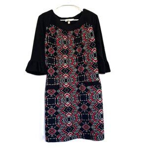 Aryeh Black and Red Knit Dress with 3/4 Ruffle Sleeves